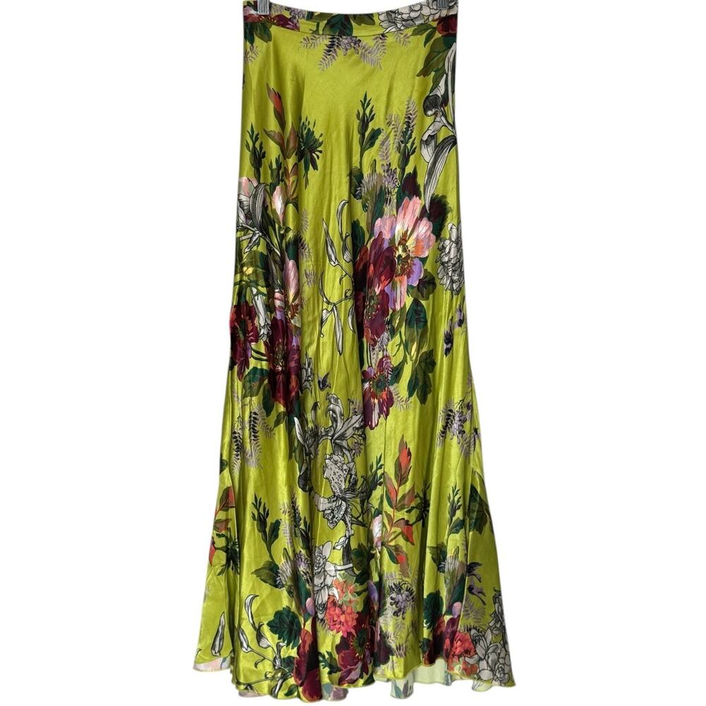 Anthropologie Maeve Arden Floral Maxi Skirt Size 2 Green Silky Satin Flowy Shine